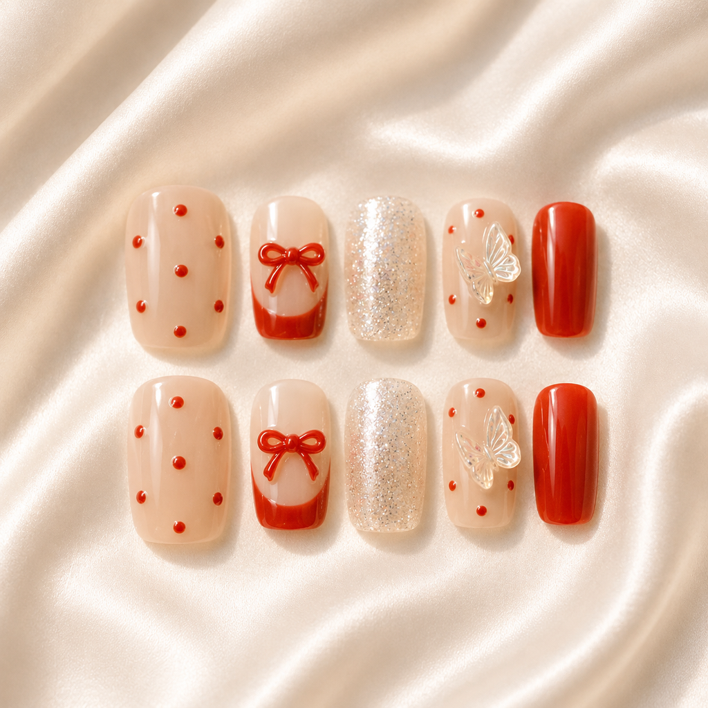 Red French Glitter Nails