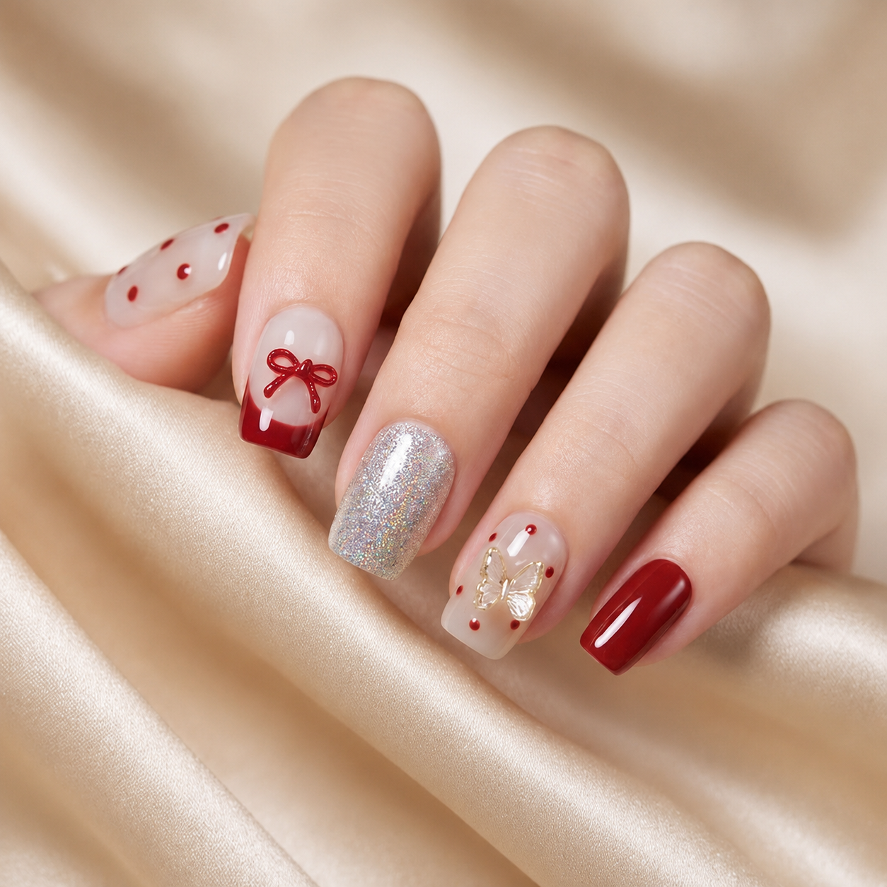Red French Glitter Nails